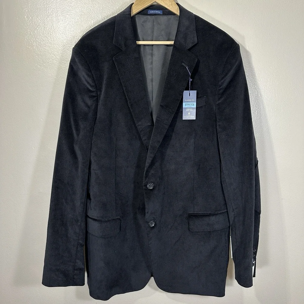Stafford Mens 48L‎ Classic Fit Black Corduroy Sport Coat Blazer Jacket NEW